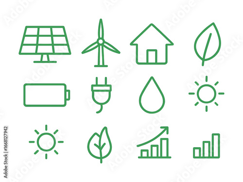 Green energy icons: solar panel, wind turbine, eco-friendly symbol set