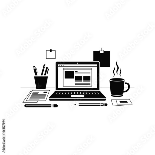 Modern home office setup with laptop coffee cup pens and paperwork for productive work