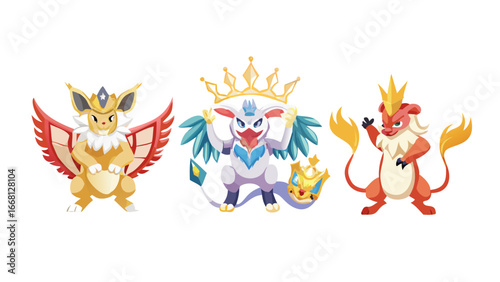 Three stylized fantasy creatures with crowns one yellow with red wings one white with blue wings and a crown and one orange with a crown and flowing mane