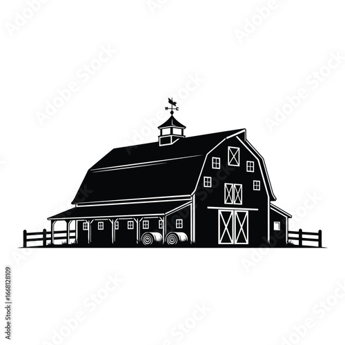 Classic american barn silhouette with fence and weather vane countryside farm building silhouette