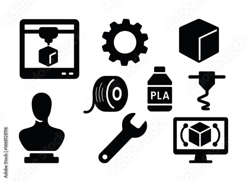 3d printing tools and icons set: printer, gear, filament, pla, nozzle, bust, wrench, software