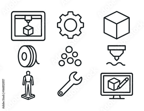 3d printing icons: gear, cube, filament, model, wrench, monitor, nozzle