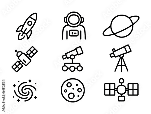 Space exploration icons: rocket, astronaut, planet, satellite, telescope, galaxy, moon