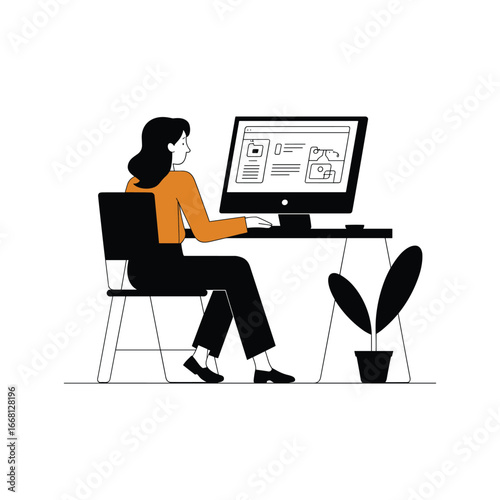 Woman working on computer at desk with potted plant digital technology lifestyle concept