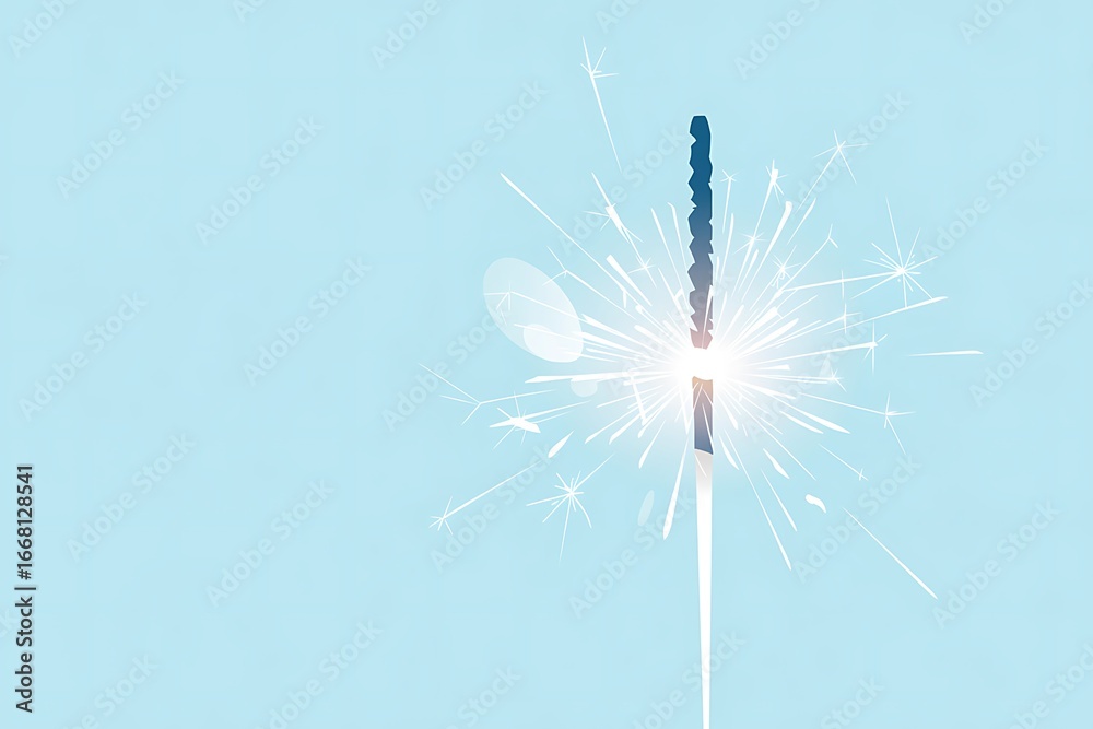 Obraz premium Sparkler ignites with bright white sparks on light blue background