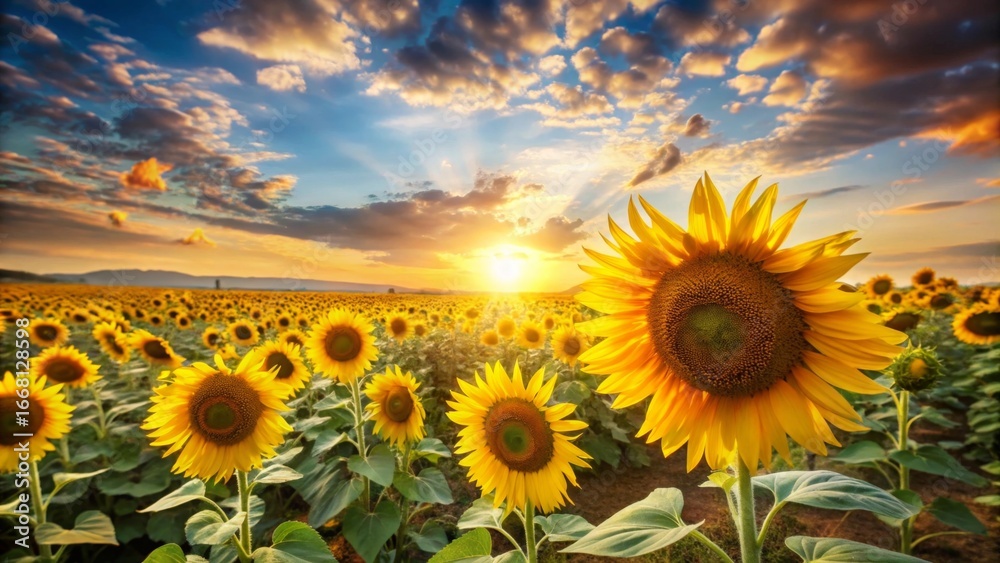 Fototapeta premium Golden Hour Sunbeams Illuminating a Vast Field of Vibrant Sunflowers at Sunset
