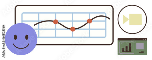 happy face next to a graph with data points, video play icon, and metrics dashboard. Ideal for analytics, user feedback, content creation, data insight, trends education collaboration. Simple flat
