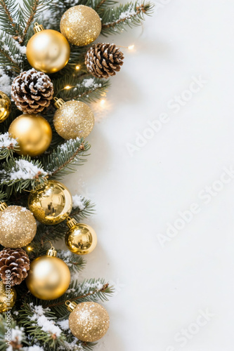 Festive christmas border with gold ornaments, snowy pine cones, and greenery on white background
