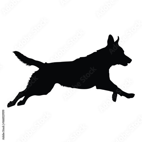 Dynamic silhouette of a german shepherd dog running and leaping in mid-stride captured in a black outline silhouette