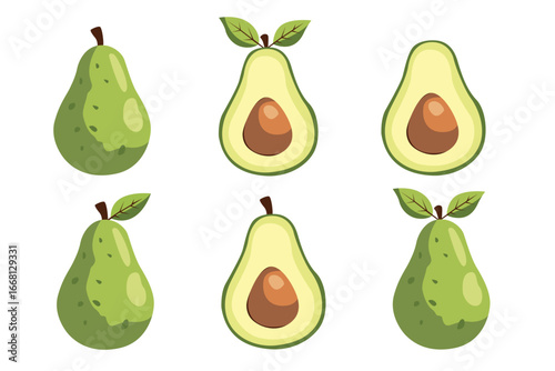 Flat vector illustration of avocados whole and sliced with seed and leaves, healthy organic fruit design isolated on white background