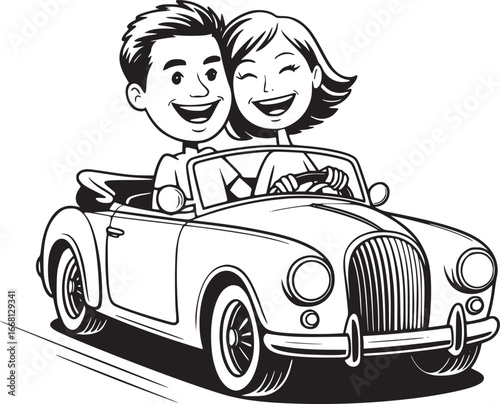 Joyride Adventure: A smiling couple in a classic convertible embark on a journey of togetherness, captured in a detailed illustration. This scene encapsulates the essence of love, exploration.