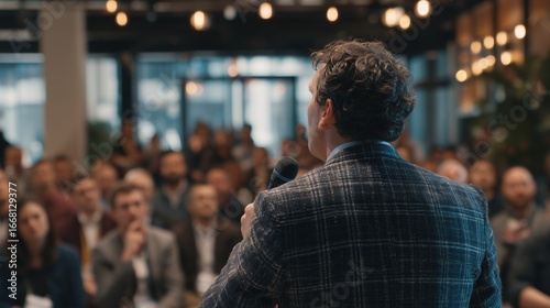 Startup founder presenting climate tech innovations to investors, cinematic professional environment