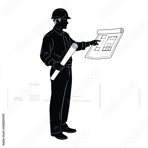 Construction worker silhouette examining blueprint plans pointing at building design details professionally silhouette