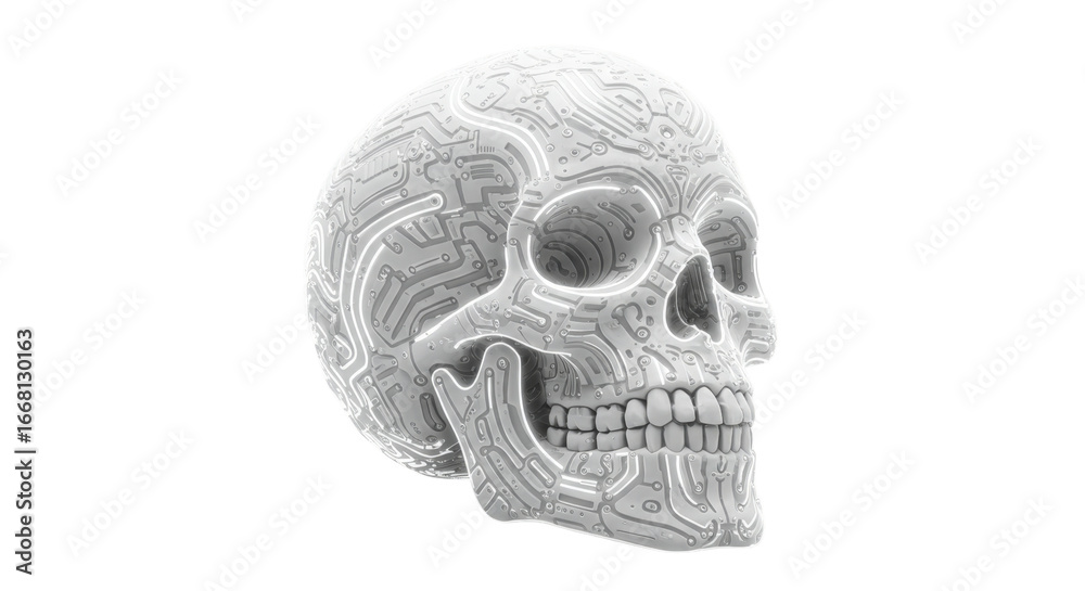 Obraz premium Futuristic white skull with circuit design png isolated on transparent background