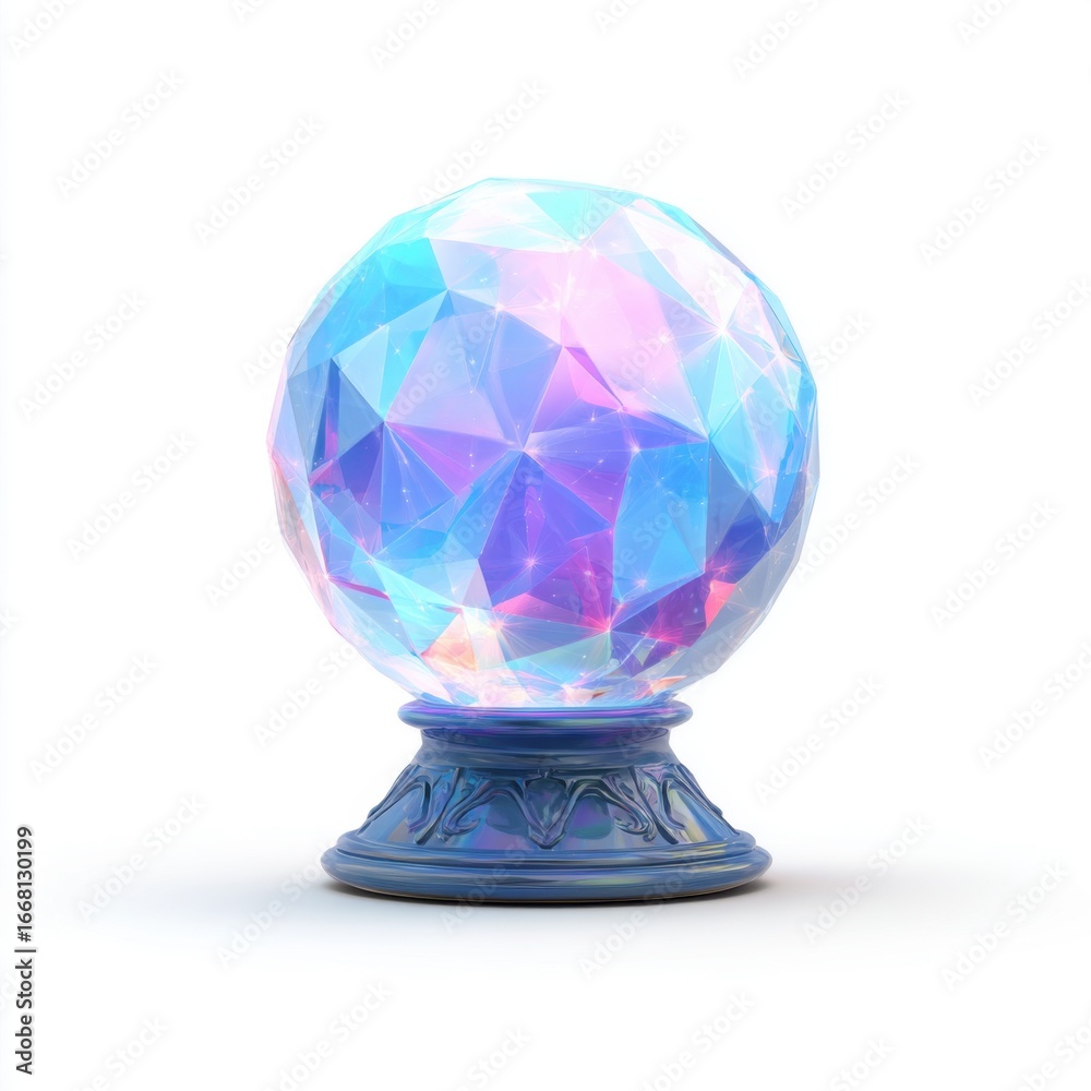 A vibrant, iridescent crystal ball rests on a pedestal A vibrant, iridescent crystal ball rests on a pedestal
