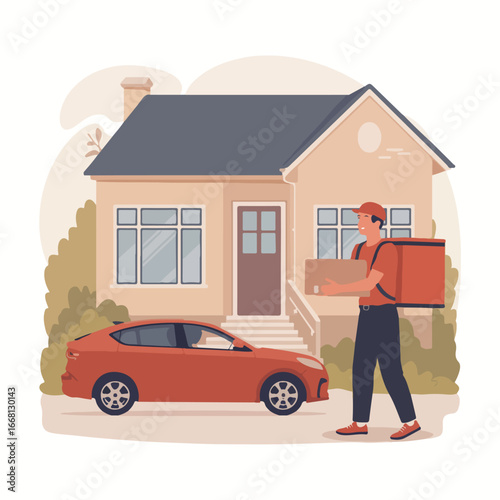 Delivery man carrying package approaches house with car parked outside in a suburban neighborhood scene