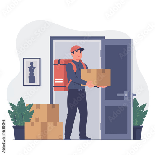Delivery man bringing package to door with backpack and boxes in a home setting illustration vector