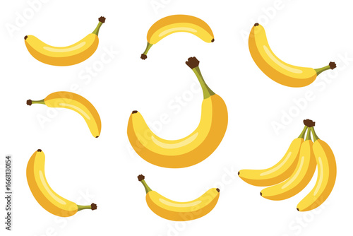 WebFlat vector illustration of bananas, single and bunch, tropical yellow fruit design isolated on white background