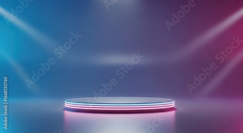 3d illustration of empty futuristic podium with neon pink and blue lights, spotlight effect, and reflective surface