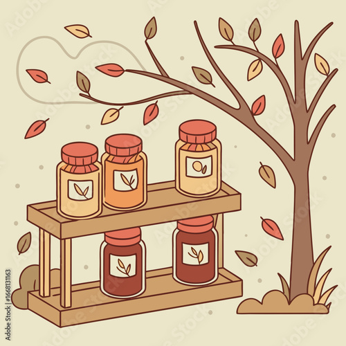 Illustration of spices in jars and a pumpkin on shelves near a window with autumn leaves around it