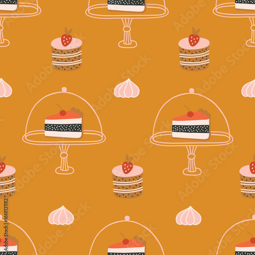 Food seamless pattern with meringue, piece of cake in cake tray and cupcakes on yellow background. Perfect for wallpaper, gift paper, holiday greeting cards. Vector hand drawn illustration