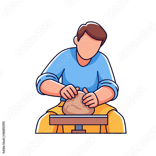A man sits and shapes a lump of clay on a pottery wheel.