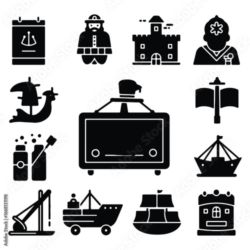 Collection of Black and White Nautical Themed Vector Icons Representing Maritime History and Adventure Set Against a White Background
