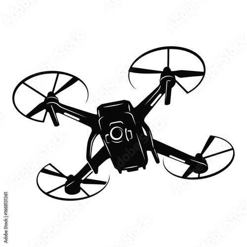 Modern quadcopter drone with camera capturing aerial views in dynamic motion silhouette