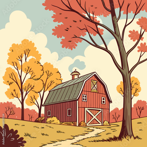 Illustration of a red barn with a gray roof surrounded by autumn trees and a path leading to the barn door