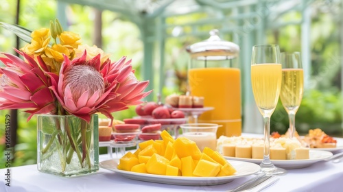 Colorful Tropical Brunch Display with Fresh Fruits, Bubbly Drinks, and Beautiful Floral Arrangement