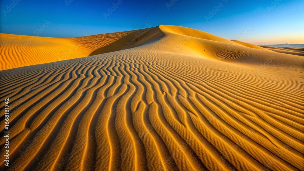 Naklejka premium Golden Sandscapes Undulating Desert Dunes at Sunrise, a Captivating Vista of Nature's Art