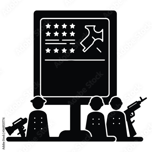 Controversial Political Stance with Armed Individuals Standing Before a Darkened Billboard Displaying Symbols of Power and Conflict Revealing Tensions