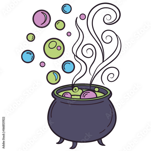 Illustration of a bubbling cauldron with green liquid and blue splashes, surrounded by stars and swirls