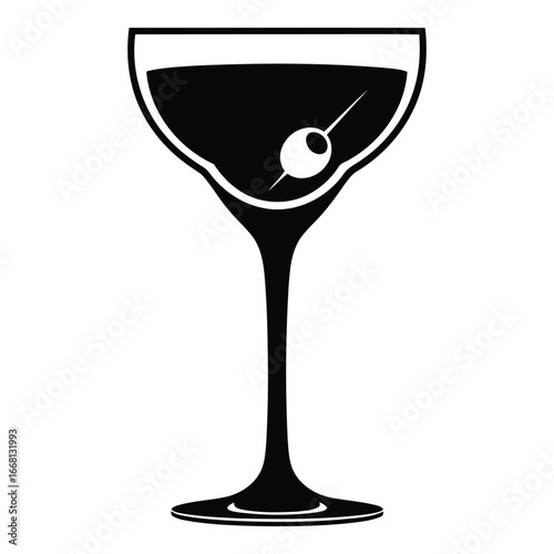 Elegant martini glass with olive and stem silhouette celebrating classic cocktail culture and sophistication silhouette