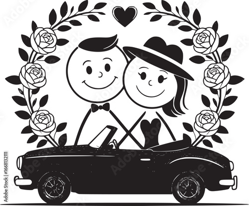 Romantic Getaway: A charming monochrome depiction of a couple embarking on their journey together in a classic convertible, nestled within a floral frame, with a heart overhead.