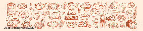 Autumn food doodle illustration, hand drawn Thanksgiving day traditional table dish, fall dinner set. Vintage pumpkin menu decor, family eatery line print, American festive turkey. Holiday autumn food