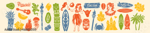 Hawaii summer beach print, hand drawn tropical tiki mask illustration, exotic island bar sticker set. Paradise vacation icon, traditional woman dance, palm tree silhouette tribal totem. Hawaii summer