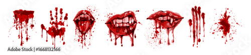 Halloween blood stain, woman vampire lips, scary horror holiday hand drawn watercolor illustration. Female mouth with teeth, hand print, creepy red splash gothic print. Halloween blood decoration art