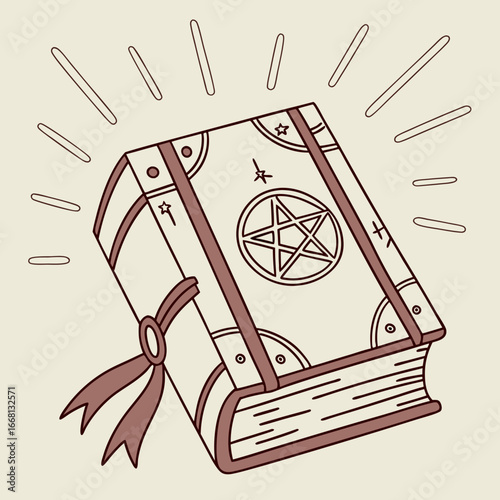 Illustration of a spellbook with a pentagram and ribbon with light rays emanating from the book cover
