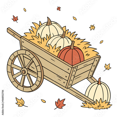 Illustration of a wooden cart filled with hay and pumpkins surrounded by falling autumn leaves design
