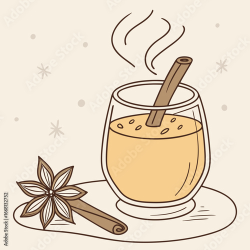 Illustration of a glass of eggnog with cinnamon stick, star anise, and steam on a beige background