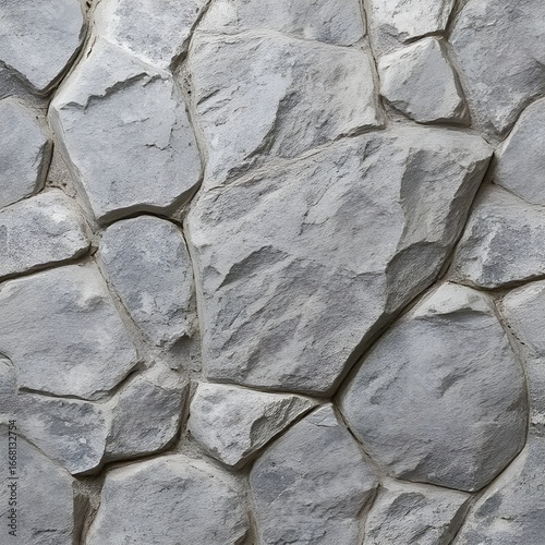 A seamless natural stone wall texture with large irregularly shaped rocks and rough surfaces. The stones are gray in color, tightly fitted together with visible cracks and uneven edges. Perfect for ar
