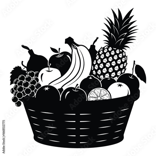 Abundant fresh fruit basket featuring pineapple banana apples oranges grapes and pears in wicker container silhouette