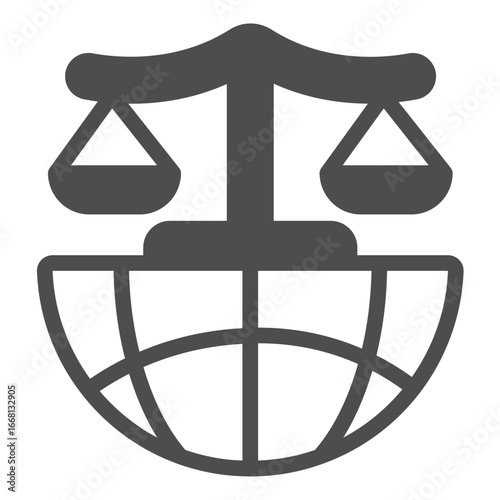World globe and scales solid icon, police force concept. Vector graphics. Order of global justice, law and order sign on white background, glyph style icon for mobile or web design.