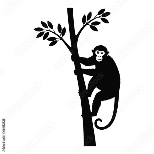 Silhouette of a monkey climbing a tree with leafy branches a playful jungle scene silhouette