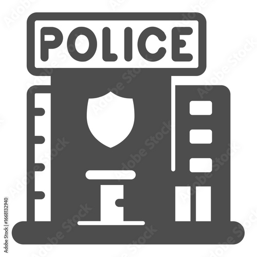 Police department station solid icon, police force concept. Vector graphics. Building with safety emblem and entrance sign on white background, glyph style icon for mobile or web design.