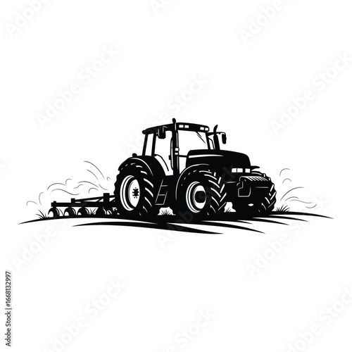 Powerful agricultural tractor tilling soil with attached tiller equipment in a dynamic sketch style silhouette