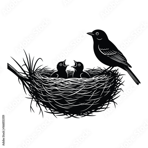 Black silhouette bird feeding chicks in a detailed nest symbolizing nature's nurturing love and family silhouette
