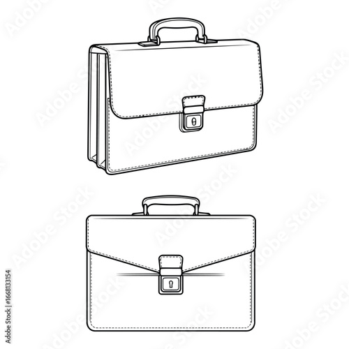 Classic leather briefcase design two views professional business accessory hand drawn sketch style silhouette