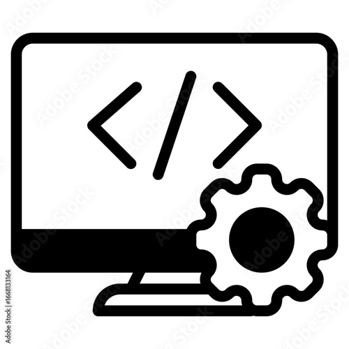 Icon of code brackets with gear, ideal for software development, IT tools, or tech marketing.